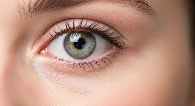 A close-up of a woman's eye with green and blue irises, wearing a light pink eye shadow.