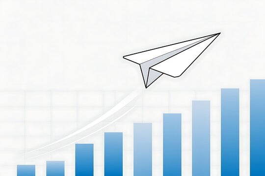 Paper airplane flying above a rising blue bar graph with a subtle grid background and a curved arrow - Powered by Adobe