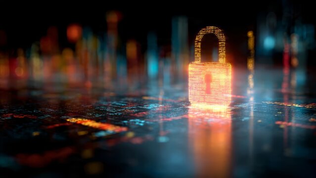 Digital padlock icon with binary code illumination on a dark futuristic city background