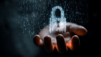 Digital padlock formed from binary code streams above an open palm system hacked surrounded
