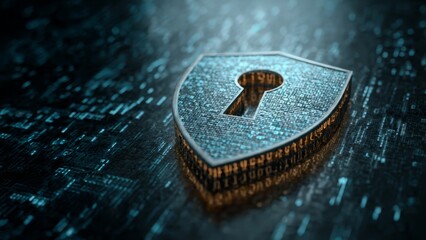 Shield icon with keyhole shape against a digital background of glowing blue data streams