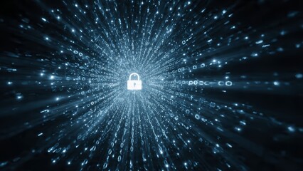 Glowing white padlock centered in a digital tunnel of binary code and bright light streaks