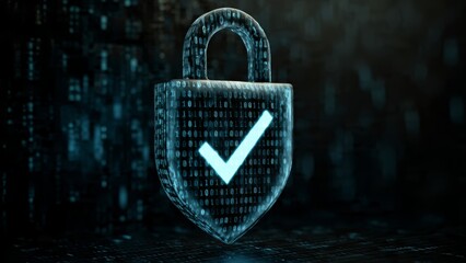 Transparent digital padlock with glowing checkmark and binary code system hacked surrounded
