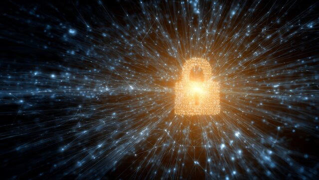 Glowing digital padlock icon with network connections on black background