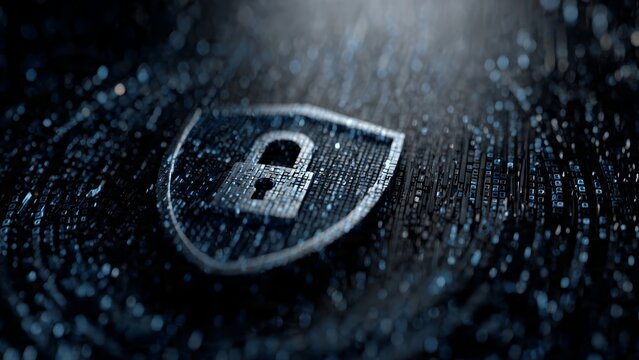 Digital shield with padlock symbol composed of abstract binary code particles on a dark background
