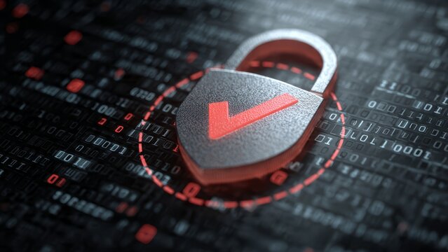 A metallic padlock with a red checkmark symbol rests on a digital background of binary code