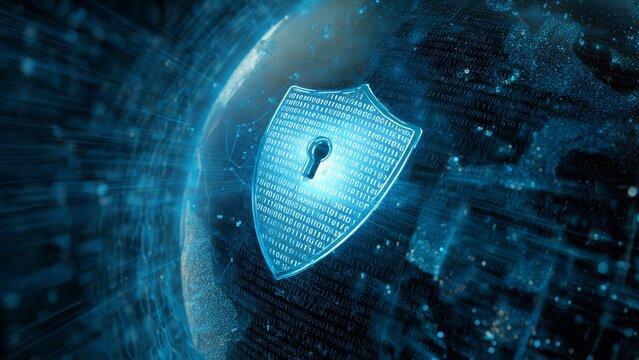 Digital shield with keyhole overlaying a glowing globe and abstract binary code patterns