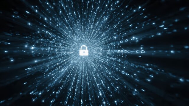Glowing white padlock centered in a digital tunnel of binary code and bright light streaks