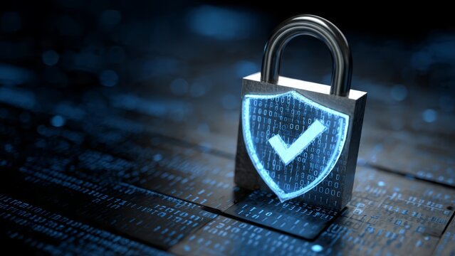 Metallic padlock displaying a glowing shield with a checkmark on a background of binary code