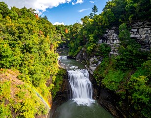 Cascading waterfall flows into a rocky gorge flanked by lush green trees under a blue sky