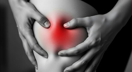 Person holding knee with red pain indicator on skin ache injury