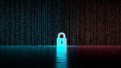 Glowing padlock silhouette on a dark reflective surface against a background of falling digital rain