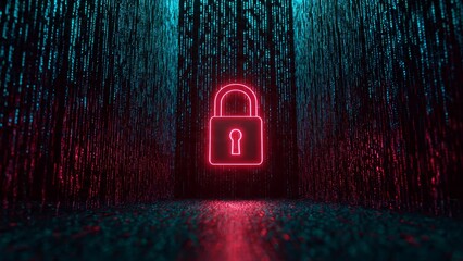 Glowing red neon padlock symbol against a dark background with blue and red digital rain