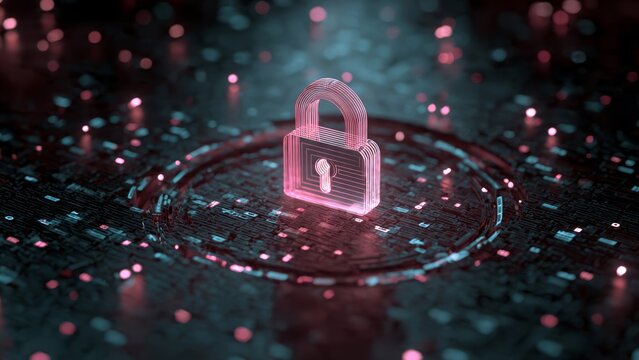 Glowing neon padlock emblem on a circuit board with digital data and bokeh lights