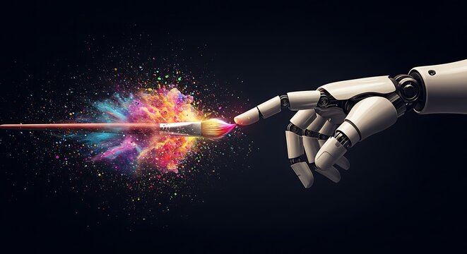 A robot hand touches a paintbrush with colorful paint explosion on a dark background creating art