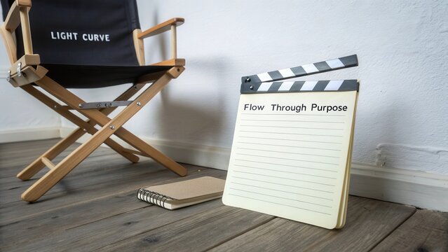 Creative workspace featuring a director's chair, clapperboard, and notepad for scriptwriting and brainstorming ideas