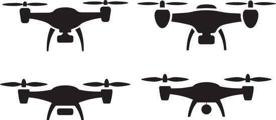 Four black silhouette icons of drones quadcopter aerial