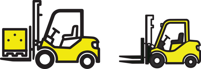 Two Yellow Forklifts One With A Box On White Background