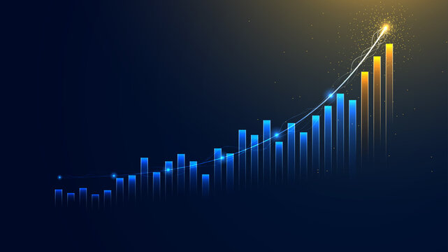 Futuristic business growth bar chart background. Successful financial boost and up arrow with lightning beam effect. Rising stock market economy illustration
