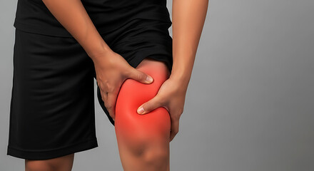 Person holding sore red thigh muscle in black shorts against gray background pain injury