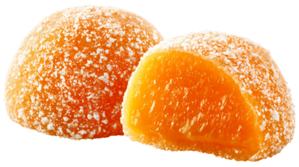 Two orange gelatin candies dusted with sugar