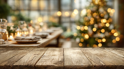 blank wooden table with blurred Christmas tree and festive dinner background