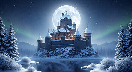 Moonlit fortress on a snowy lake beneath aurora; snow-topped pines, distant mountains, ice. and stars
