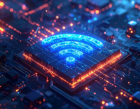 Futuristic digital circuit board with a glowing wifi symbol