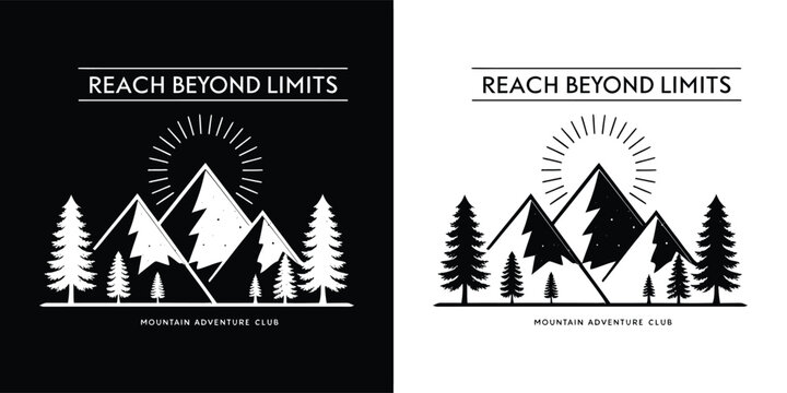 Reach beyond limits text with mountains and trees illustration, inspirational quote for adventure and exploration - Powered by Adobe