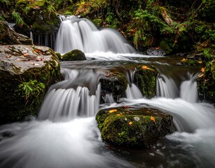 Cascading waterfall flows over mossy rocks amid lush green foliage in an outdoor scene