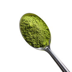 Matcha Powder in Spoon: A close-up shot presents a silver spoon elegantly showcasing a vibrant pile of matcha powder, highlighting the rich.