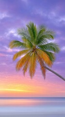 A single palm tree stands silhouetted against a vibrant purple and orange sunset sky over a tranquil ocean and sandy beach a serene tropical paradise scene with warm lighting and soft clouds