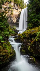 Cascading waterfall framed by mossy rocks and lush green trees in a vertical format