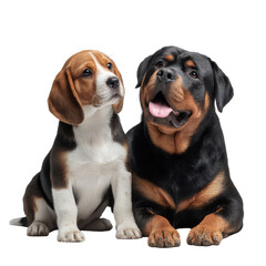 Canine Companions: A beagle and a rottweiler sit side-by-side, embodying companionship and contrasting characteristics.
