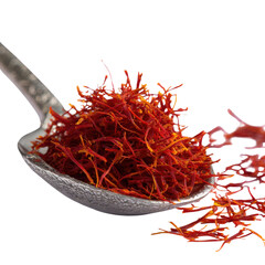 Saffron on Spoon: An exquisite close-up showcases a spoonful of vibrant, crimson saffron threads, displaying the rare spice's rich color and delicate texture.