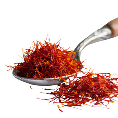 Saffron Treasure: A close-up shot of a silver spoon overflowing with vibrant saffron threads. The focus is on the rich red-orange hue of the threads.