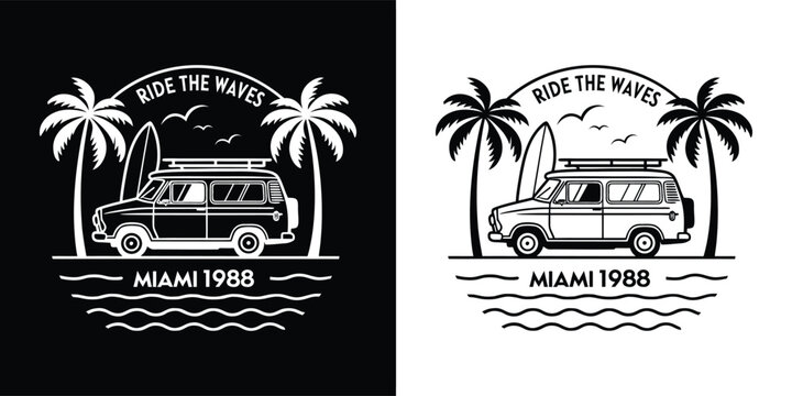 Retro surf van with palm trees and surfboard, ride the waves miami 1988 text, ocean waves, vintage travel vibe, black and white