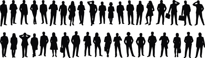 Business professional silhouette set with diverse poses, gestures, attire, briefcases, standing icons for corporate, design, and marketing illustrations