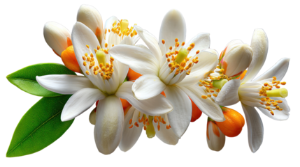 Orange Blossom: A close-up view unveils delicate orange blossoms, their pristine white petals surrounding a vivid yellow center, creating a stunning visual of natural beauty.
