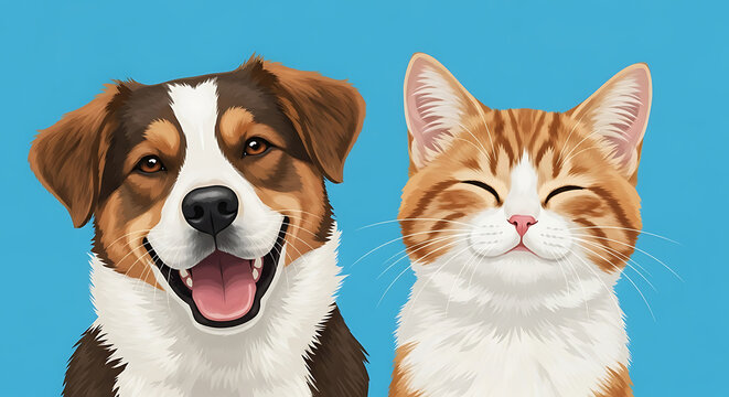 Two friendly pets, a brown-and-white dog and a smiling orange cat pose against bright blue backdrop