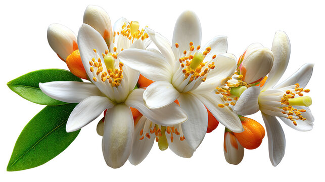 Orange Blossom: A close-up view unveils delicate orange blossoms, their pristine white petals surrounding a vivid yellow center, creating a stunning visual of natural beauty.