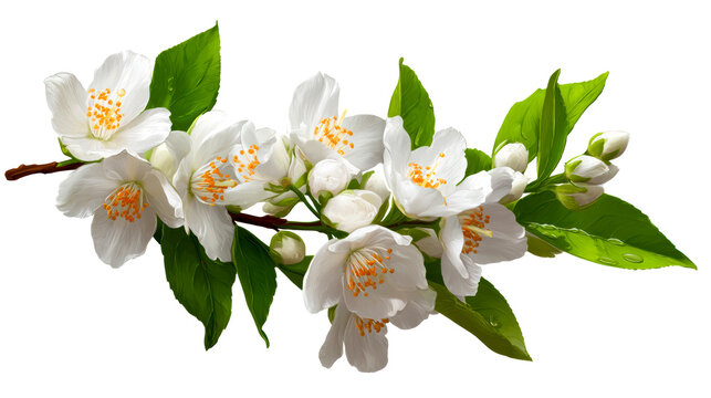 White Jasmine Branch with Green Leaves and Buds