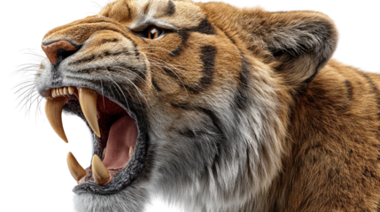 Saber-Toothed Tiger's Fierce Roar: A prehistoric saber-toothed tiger, with its menacingly large teeth, lets out a ferocious roar, capturing a moment of primal intensity and raw power.