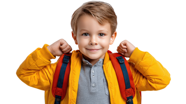 Backpack Ready: A young, beaming child, radiating anticipation, adjusts his backpack, ready to embark on a day filled with learning and adventures.