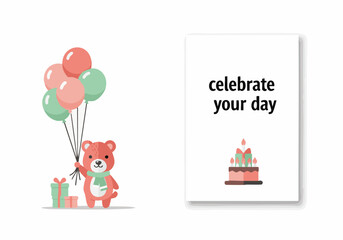 A cheerful bear holding balloons next to a birthday card with a cake.