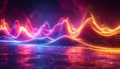 A vibrant, abstract digital artwork depicting glowing waveforms against a starry night sky. The lines are multicolored, and the scene is fluid