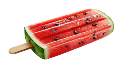 Refreshing Watermelon Popsicle: A close-up view of a refreshing watermelon popsicle, showcasing its vibrant red flesh speckled with black seeds, resting on a wooden stick, offering a cool.