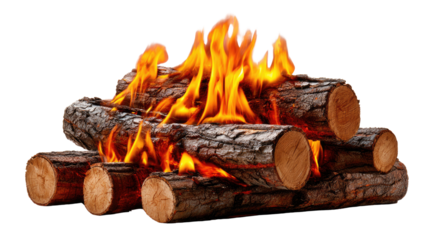 Burning Ember's Embrace: Witness the captivating dance of flames engulfing stacked wooden logs, evoking warmth, comfort, and the rustic charm of nature's heart.