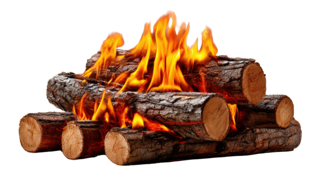 Burning Ember's Embrace: Witness the captivating dance of flames engulfing stacked wooden logs, evoking warmth, comfort, and the rustic charm of nature's heart.