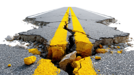 Road to Disaster: An image of a cracked road with yellow lines, depicting the aftermath of a natural disaster, conveying a sense of destruction and uncertainty.